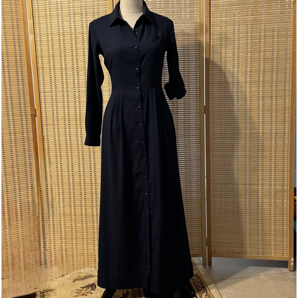 Isabella Sinclair Button Sz XS Shirt Dress Maxi Navy Blue Modest Chores Church